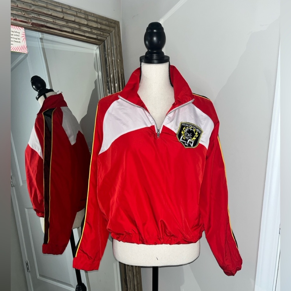 Red/White Zip-Up Windbreaker Crop Jacket with Patch